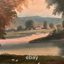 Old painting, oil on canvas, 19th century, fishing scene, gilded wooden frame