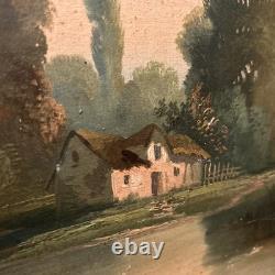 Old painting, oil on canvas, 19th century, fishing scene, gilded wooden frame