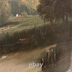 Old painting, oil on canvas, 19th century, fishing scene, gilded wooden frame