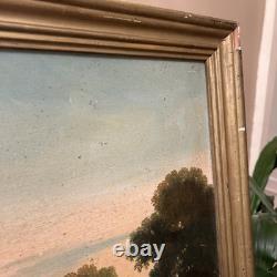 Old painting, oil on canvas, 19th century, fishing scene, gilded wooden frame