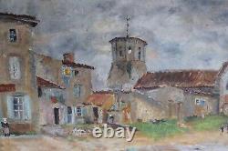 Old painting, oil on canvas, Provençal village and bell tower