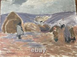 Old painting oil on canvas. School of Paris. Early 20th century. Haymaking.