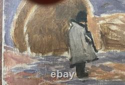 Old painting oil on canvas. School of Paris. Early 20th century. Haymaking.