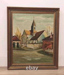 Old painting oil on canvas Village Church J. L. Leubeul 50s/70s