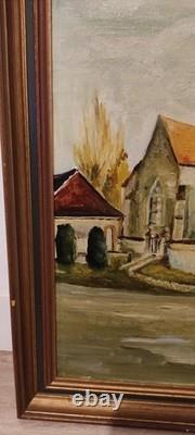 Old painting oil on canvas Village Church J. L. Leubeul 50s/70s