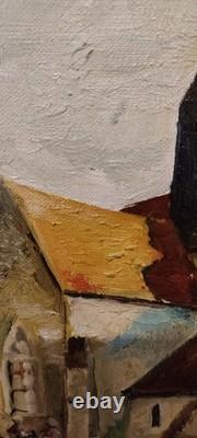 Old painting oil on canvas Village Church J. L. Leubeul 50s/70s