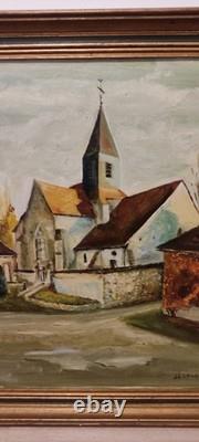 Old painting oil on canvas Village Church J. L. Leubeul 50s/70s