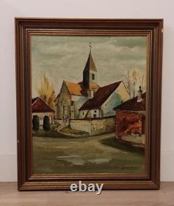 Old painting oil on canvas Village Church J. L. Leubeul 50s/70s