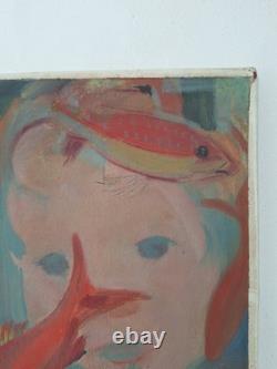 Old painting oil on canvas animal scene fish, aquarium. Signed painting.