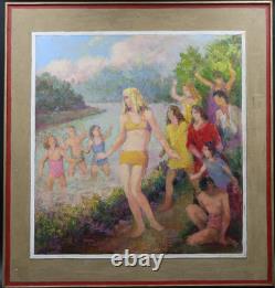 Old painting oil on canvas bathing Henri Laffite 1965
