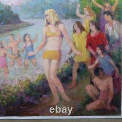 Old painting oil on canvas bathing Henri Laffite 1965