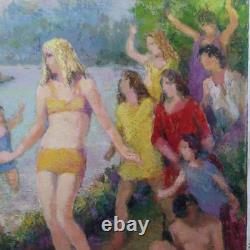 Old painting oil on canvas bathing Henri Laffite 1965