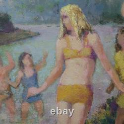 Old painting oil on canvas bathing Henri Laffite 1965