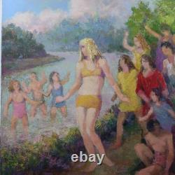 Old painting oil on canvas bathing Henri Laffite 1965