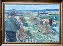 Old painting oil on canvas by Anders Carl Hune (1894-1968) Harvest landscape