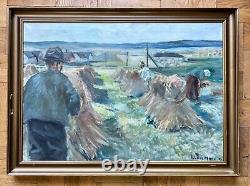 Old painting oil on canvas by Anders Carl Hune (1894-1968) Harvest landscape