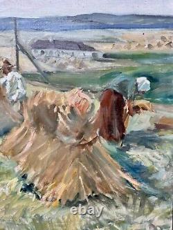 Old painting oil on canvas by Anders Carl Hune (1894-1968) Harvest landscape