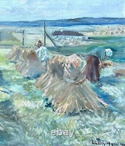 Old painting oil on canvas by Anders Carl Hune (1894-1968) Harvest landscape
