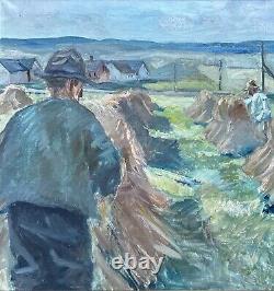 Old painting oil on canvas by Anders Carl Hune (1894-1968) Harvest landscape