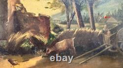 Old painting, oil on canvas, countryside landscape, H. Grandjean, 1881