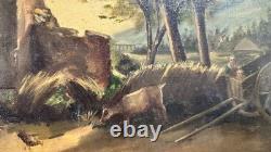 Old painting, oil on canvas, countryside landscape, H. Grandjean, 1881