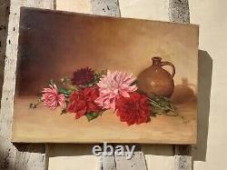 Old painting oil on canvas dahlias and pitcher, signed J. Legris 1940s