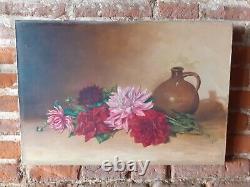 Old painting oil on canvas dahlias and pitcher, signed J. Legris 1940s