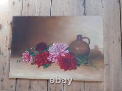 Old painting oil on canvas dahlias and pitcher, signed J. Legris 1940s