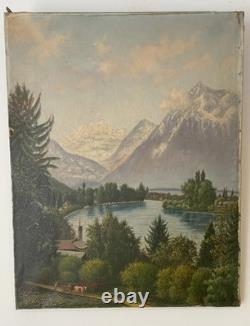 Old painting oil on canvas late 19th mountain Lake Thun Niesen Switzerland