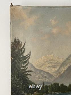 Old painting oil on canvas late 19th mountain Lake Thun Niesen Switzerland