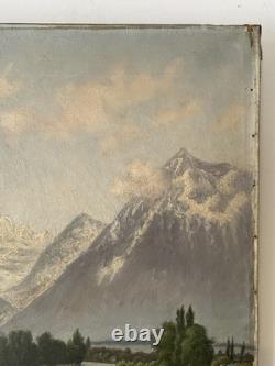 Old painting oil on canvas late 19th mountain Lake Thun Niesen Switzerland