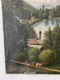 Old painting oil on canvas late 19th mountain Lake Thun Niesen Switzerland