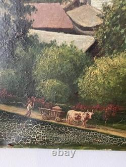 Old painting oil on canvas late 19th mountain Lake Thun Niesen Switzerland