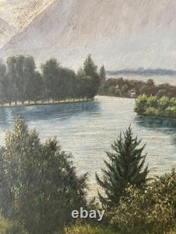 Old painting oil on canvas late 19th mountain Lake Thun Niesen Switzerland
