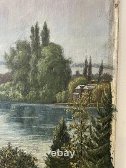 Old painting oil on canvas late 19th mountain Lake Thun Niesen Switzerland