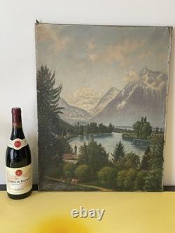 Old painting oil on canvas late 19th mountain Lake Thun Niesen Switzerland