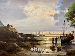 Old painting oil on canvas marine Le Tallec Normandy Coast