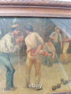 Old painting oil on canvas pétanque player 29x 23.5 cm Bar Deco