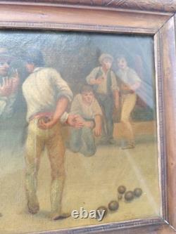 Old painting oil on canvas pétanque player 29x 23.5 cm Bar Deco