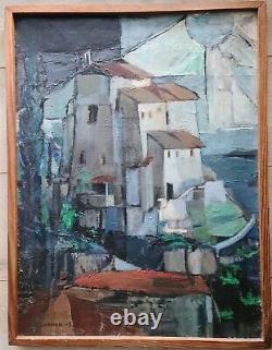 Old painting, oil on canvas, seaside village