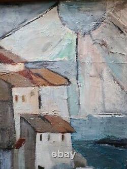 Old painting, oil on canvas, seaside village
