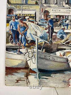 Old painting, oil on isorel Port of Nice signature to be identified dated 64
