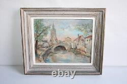 Old painting, oil on isorel, signed, depicting Bruges the Rosary Bridge