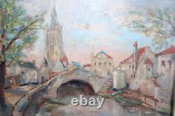 Old painting, oil on isorel, signed, depicting Bruges the Rosary Bridge