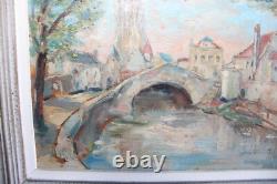 Old painting, oil on isorel, signed, depicting Bruges the Rosary Bridge