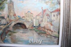 Old painting, oil on isorel, signed, depicting Bruges the Rosary Bridge