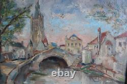 Old painting, oil on isorel, signed, depicting Bruges the Rosary Bridge