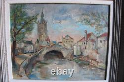 Old painting, oil on isorel, signed, depicting Bruges the Rosary Bridge