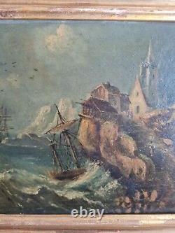 Old painting, oil on panel 19th century representing a seascape