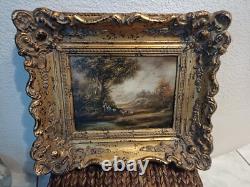 Old painting oil on panel Mountain landscape Shepherdesses 19 Em Barbizon